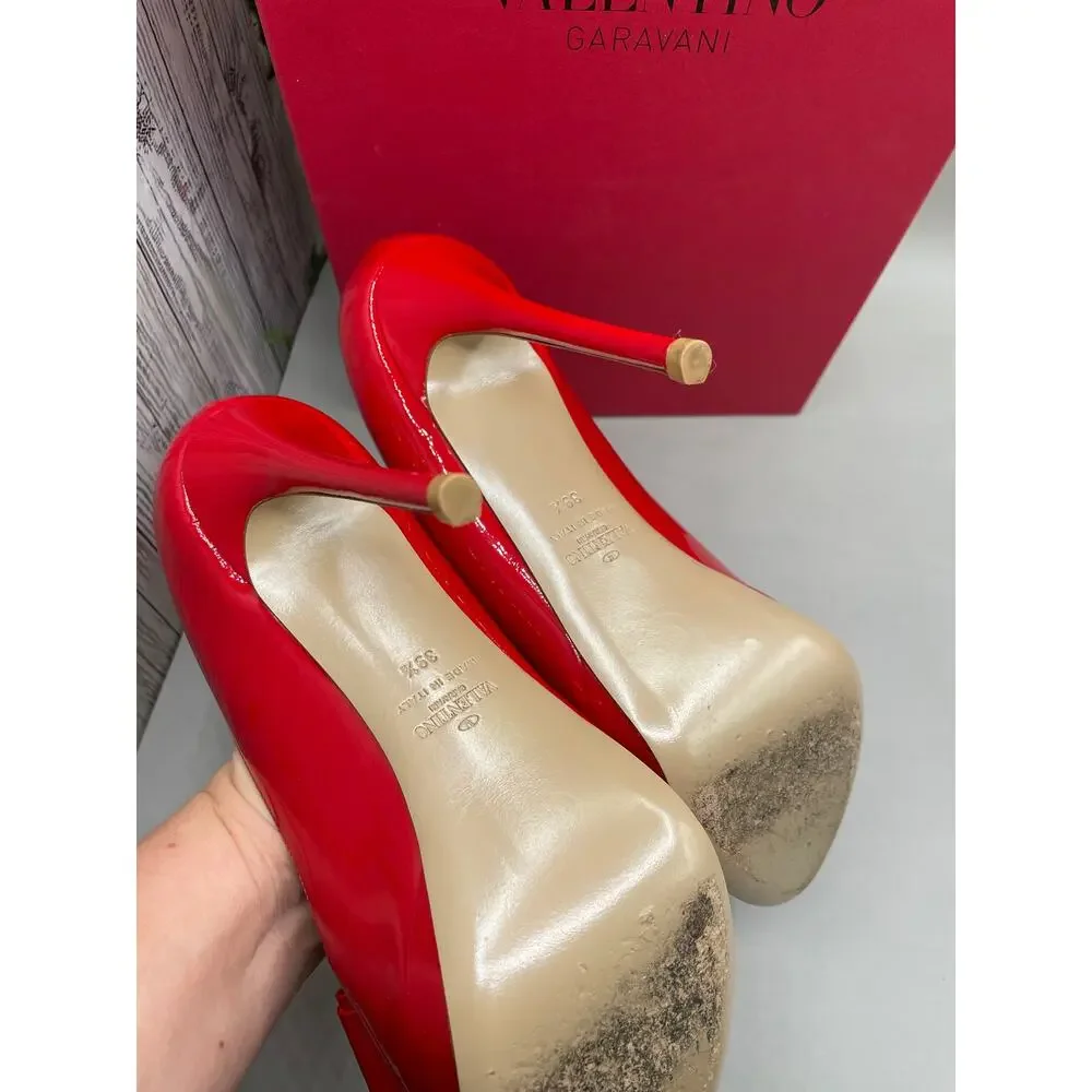 Valentino‎ Garavani Couture Open Toe Bow Red Patton Leather Womans Pump Heels 39